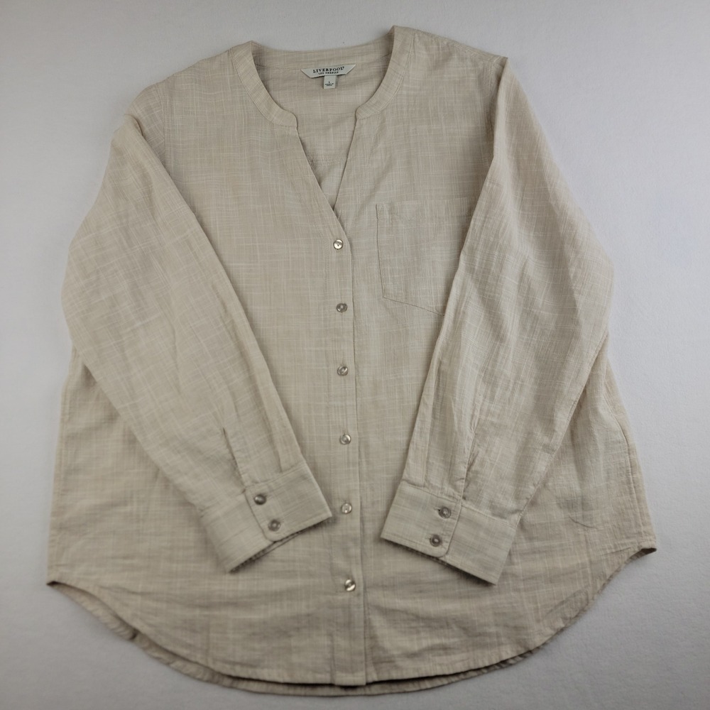 Liverpool Los Angeles Womens Beige Cotton Slub Button Down Shirt Pocket Large